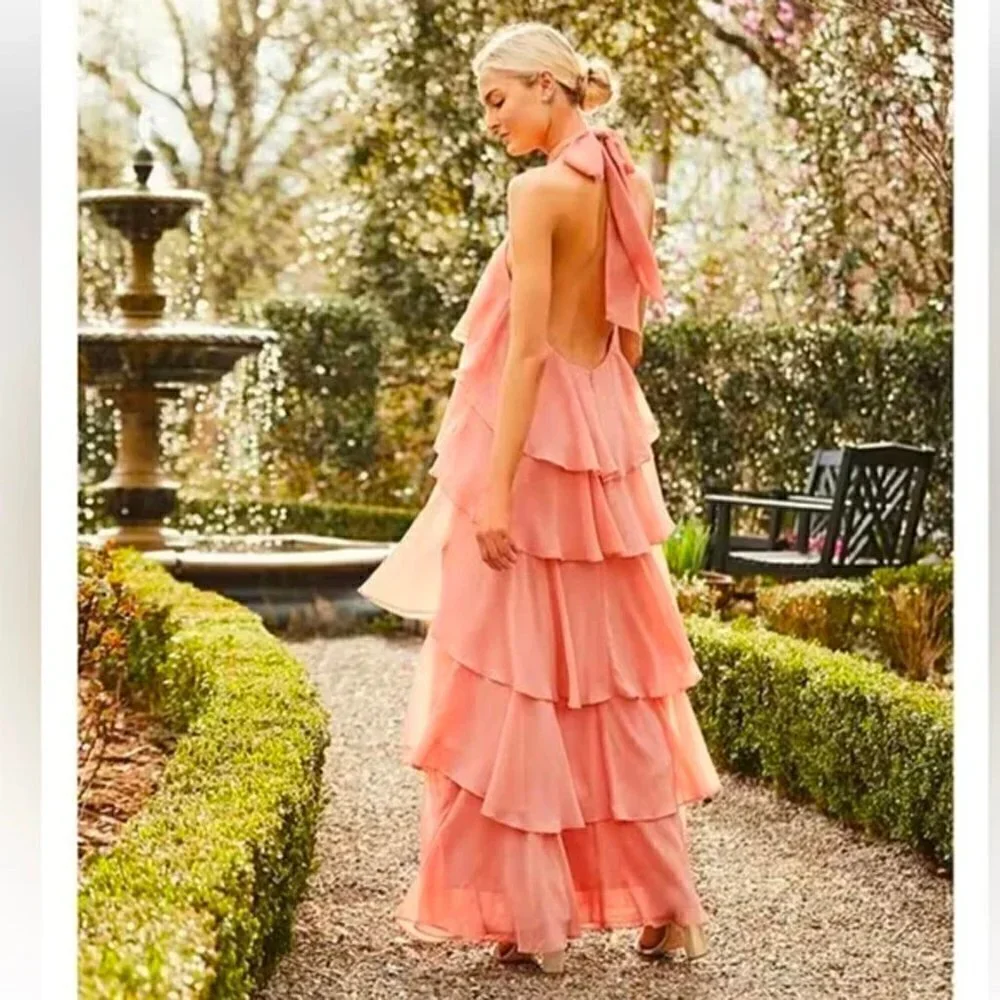 Antonio Melani Mariella Crinkled Chiffon Halter Neck Sleeveless Maxi Dress Pink - Picture 3 of 14